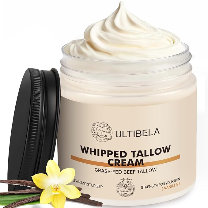Beef Tallow for Skin, 100% Grass-Fed Whipped Tallow and Honey Balm for Body ＆ Face Natural Body Cream for Dry & Sensitive Skin Care 4OZ (Vanilla)