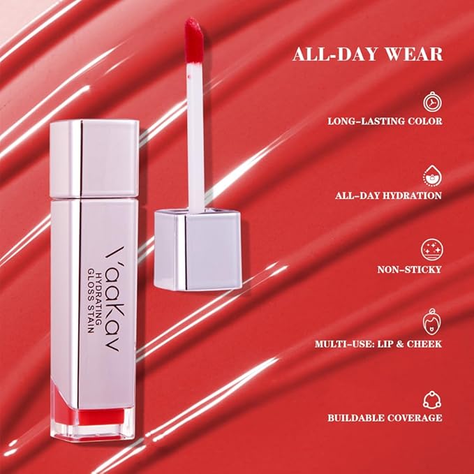 Glossy Lip Stain – Hydrating Tinted Lip Oil Stain with High-Shine Gloss Finish, Non-Sticky Moisturizing Lip Tint, Long-Lasting Stain for Soft & Plump Lips(02 PEACH BANG)
