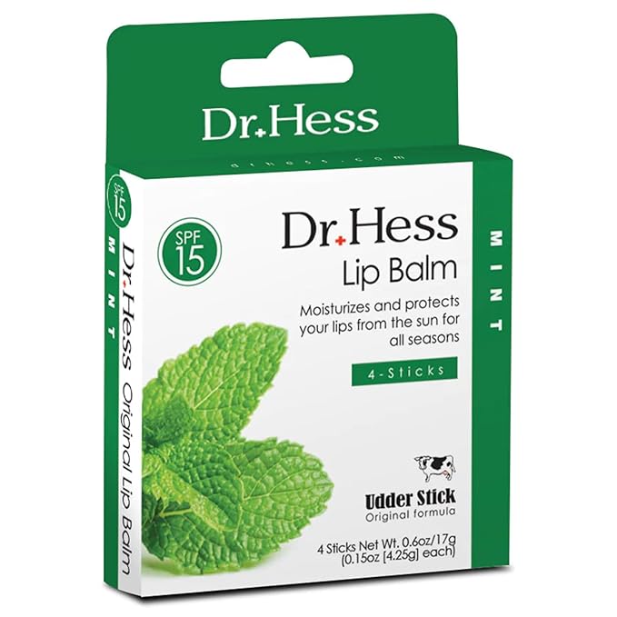 Dr. Hess Original Udder Stick SPF Lip Balm, Soothing Moisturizer Sun Screen Balm for Dry Lips with Jojoba, Beeswax & Shea Butter, Total Lip Care, Hydration & Repair, Mint Flavor, 4 Pack