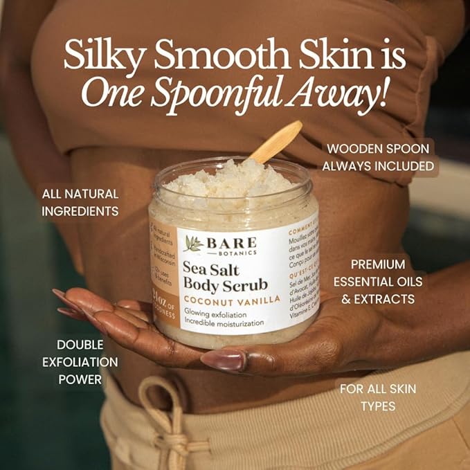 Bare Botanics Vanilla Hazelnut Coffee Body Scrub 24 oz - Naturally Scented Sea Salt Scrub Made in Madison, WI - Formulated w/Skin Loving Moisturizers - Vegan, Cruelty Free w/a Cute Wooden Spoon