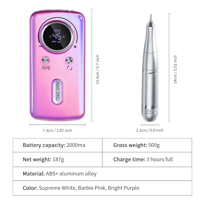 ANRLO Professional Electric Nail Drill, 45000 RPM Cordless Rechargeable E-File Machine, with 12 Bits, Sanding Bands, LCD Display for Acrylic Gel Nails (DMJ-V1-Purple)