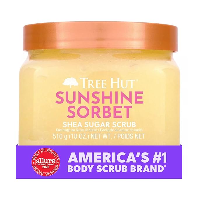 Tree Hut Sunshine Sorbet Shea Sugar Scrub, Exfoliating Body Scrub Removes Dead, Dry Skin for a Soft & Hydrated Feel, Nourishing Essential Body Care, 18 fl oz.