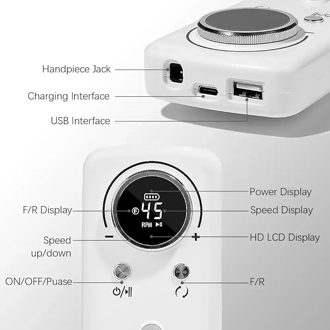ANRLO Professional Electric Nail Drill, 45000 RPM Cordless Rechargeable E-File Machine, with 12 Bits, Sanding Bands, LCD Display for Acrylic Gel Nails (DMJ-V1-White)