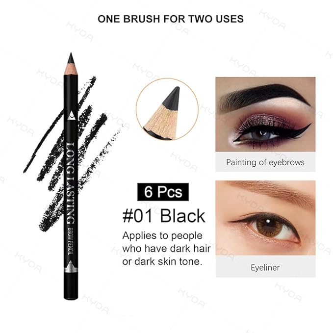 Ownest 6 Pcs Black Eyebrow Pencil Set, Wooden Eyebrow Pen for Women, Waterproof Long Lasting Brow and Eyeliner Pencil With Brush, Beginner Makeup Brow Pencil, Natural Eyes Brow Makeup Pen