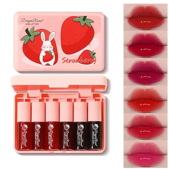 6 Colors Lip Tint Stain Set, Korean Makeup Lip Stain Moisturizing Mini Liquid Lipstick, Multi-use Lip and Cheek Tint, Long lasting Non-Stick Cup Waterproof, Cute Stuff, Lip Color Makeup