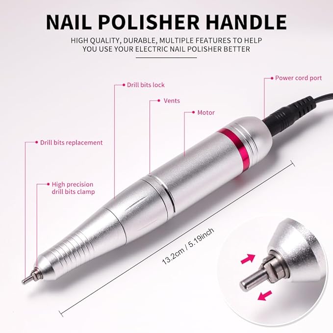 ANRLO Professional Electric Nail Drill, 45000 RPM Cordless Rechargeable E-File Machine, with 12 Bits, Sanding Bands, LCD Display for Acrylic Gel Nails (DMJ-204-Purple-US)
