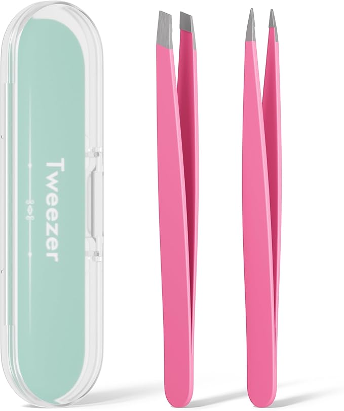 EZ2LIVE Tweezers for Women Facial Hair, Slant & Pointed Tweezers for Eyebrows, Ingrown Hair, Splinter Removal, 2 Pack Tweezer Set, Professional Stainless Steel Eyebrow Tweezers for Men and Women, Pink