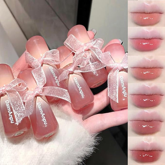6Pcs Hydrating Jelly Cute Lip Gloss Set,Moisturizing Water Lip Stain Liquid Lipsticks,Waterproof Long Lasting Clear Oxygen Tinted Lip Blam Cute Lip Glaze