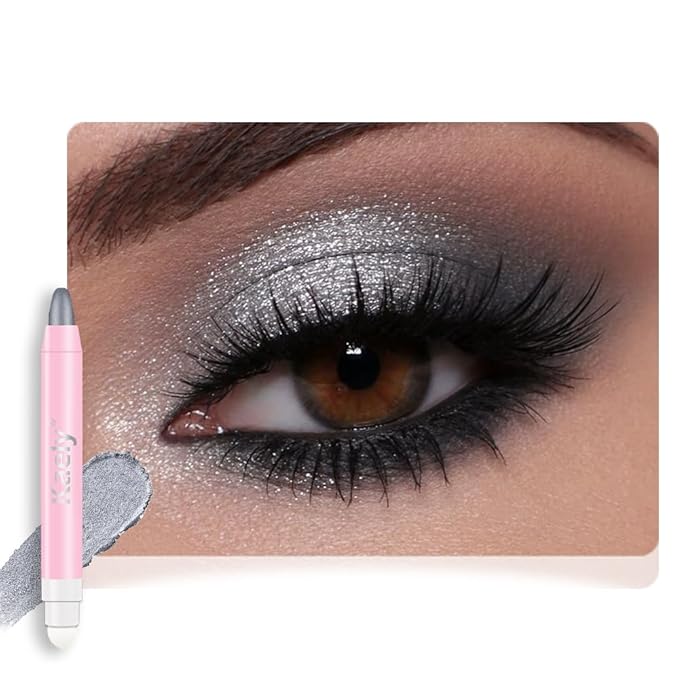 2in1 Shimmer Cream Eye Shadow Stick-Dazzling Grey, Eyeliner Pencil Eyeshadow Palette Makeup, Waterproof Long Lasting Brightener, Crease Proof & Smudge Resistant, Cream Eyeshadow with Built-in Smudger