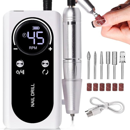 ANRLO Professional Electric Nail Drill, 45000 RPM Cordless Rechargeable E-File Machine, with 12 Bits, Sanding Bands, LCD Display for Acrylic Gel Nails (DMJ-V2-USB-White)