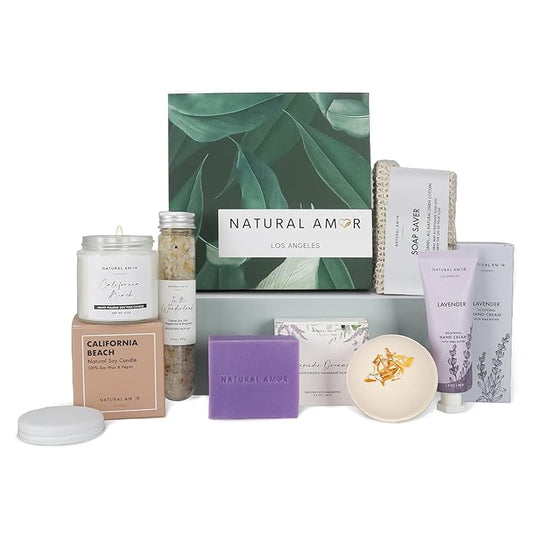 Natural Amor Handmade Spa Gift Set 6 pcs– Includes Citrus Bath Bomb, Lavender Hand Cream, Soap, Bath Salt, Candle – Relaxing Self-Care Kit for Women