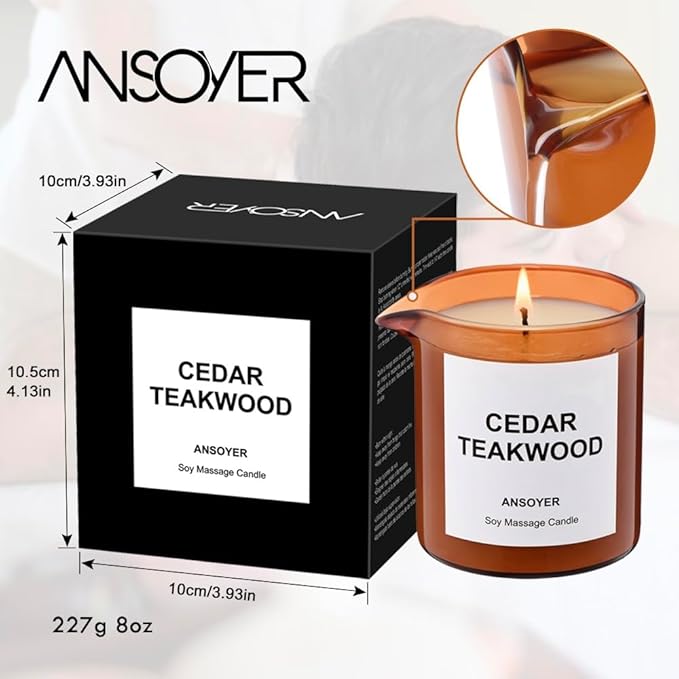ANSOYER Massage Oil Candle| Massage Oil for Massage Therapy| Massage Lotion & Body Oil Candle| 8 OZ| Amazing Gift for Men or Women (Cedar Teakwood)