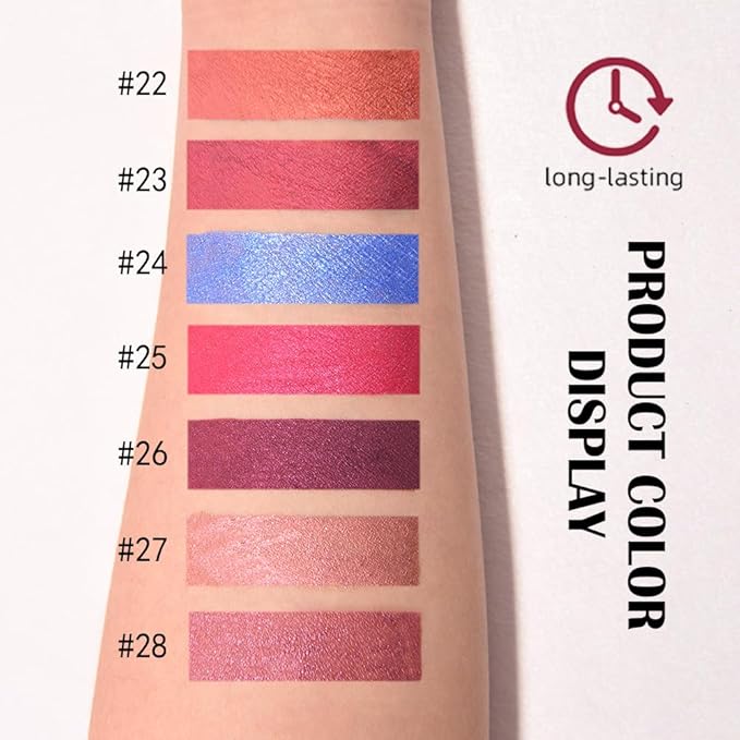 evpct Rose Red Metallic Glitter Lip Liner and Lipstick Combo Lip Gloss Stain Set Makeup for Women Long Lasting Waterproof 24, Non Stick Cup Metal Shine Shimmer Iridescent Liquid Lipstick 25