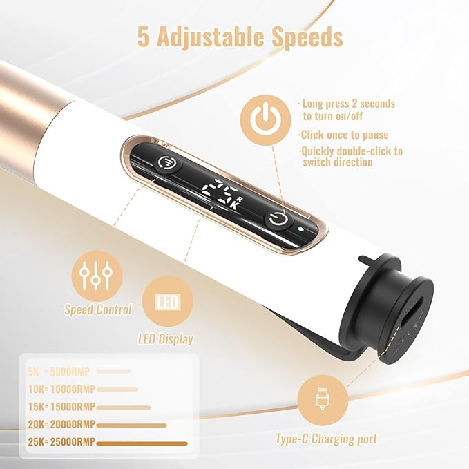 Denabuty Nail Drill Cordless, Electric Nail File 12 in 1 with LED Display, Nail Drill Machine Professional Portable Rechargeable E File for Gel Acrylic Manicure Pedicure Set with 5 Speeds Golden