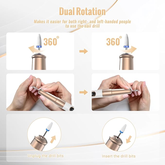 Denabuty Nail Drill Cordless, Electric Nail File 12 in 1 with LED Display, Nail Drill Machine Professional Portable Rechargeable E File for Gel Acrylic Manicure Pedicure Set with 5 Speeds Golden