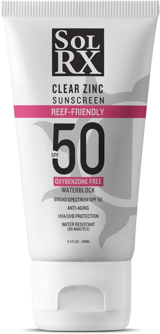 SolRX MINERAL+ SPF 50 Mineral Sunscreen with Zinc Oxide – Reef Safe, Broad Spectrum UVA/UVB Protection, Water Resistant Sunblock for Face & Body