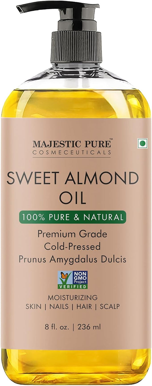 Majestic Pure Sweet Almond Oil - 100% Pure & Natural - Premium Grade, Cold-Pressed, Hexane-Free Carrier Oil for Skin, Hair and Body - Moisturizing Skin, Hair and Scalp - 8 Fl Oz