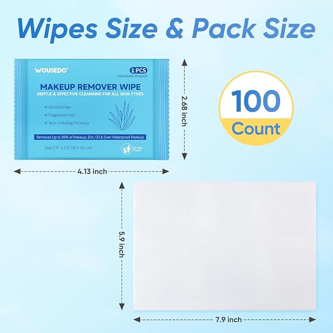 WOUSEDO 100 Count Makeup Remover Wipes, Bulk Gentle Cleansing Facial Towelettes, Individually Wrapped Travel Size,Alcohol-Free & Hypoallergenic for All Skin Types