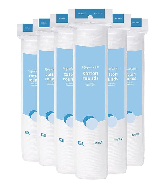 Amazon Basics Hypoallergenic 100% Cotton Rounds for Makeup Removal and Skincare, 600 Count, 6 Packs of 100 Count