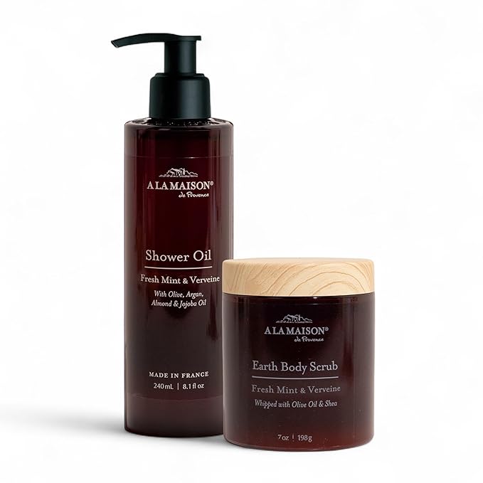 A La Maison Amber Starter Kit - Shower Oil + Body Scrub Fresh Mint & Verveine – Gently Exfoliates & Softens Skin – French Formula, Plant-Based
