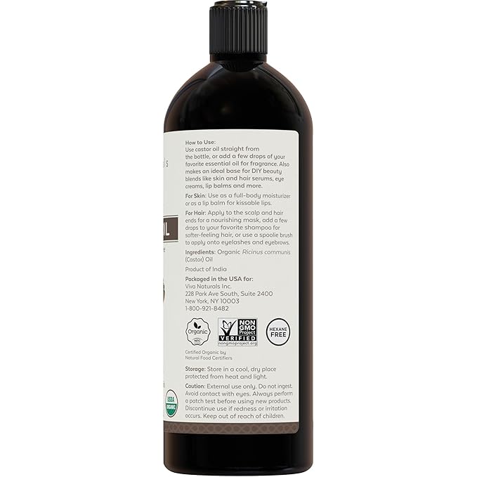 Viva Naturals Organic Castor Oil, Cold-Pressed, 16 fl oz – For Face, Hair, Eyelashes, USDA Organic, Non-GMO - With Beauty Kit