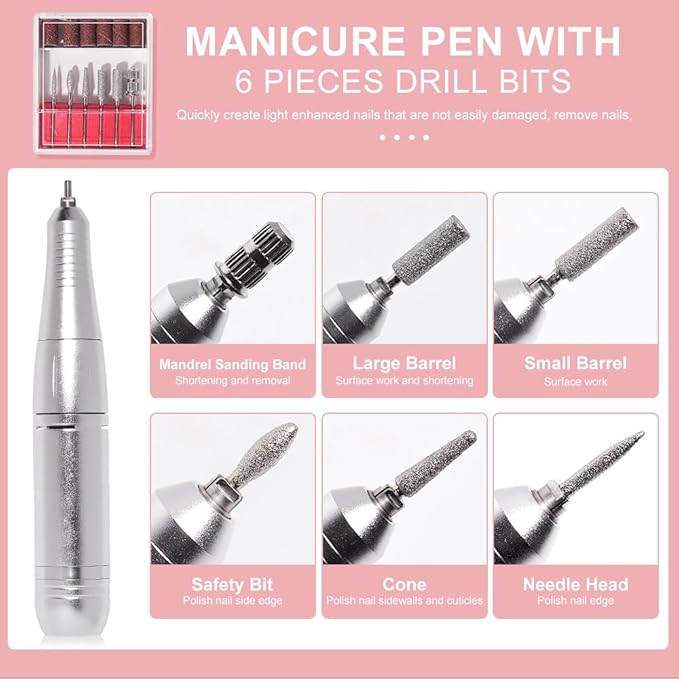 ANRLO Professional Electric Nail Drill, 45000 RPM Cordless Rechargeable E-File Machine, with 12 Bits, Sanding Bands, LCD Display for Acrylic Gel Nails (DMJ-V4-PINK-USB)