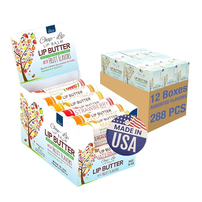 CHAP-LIP Original Lip Balm Hydrating Bulk Chap Stick with Fruit Flavors, Coconut Oil, Cocoa Butter - Christmas Gift Stocking Stuffers Lip Therapy Pack for Men and Women - Made in USA, 24 Pack x 12 Box