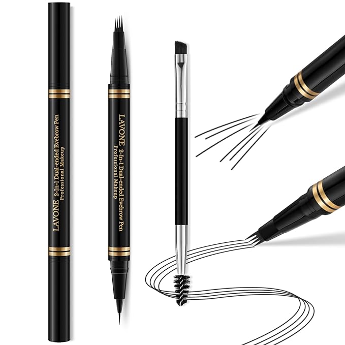 Makeup Kit with 4 Tip Waterproof Microblading Eyebrow Pencil, Eyeliner, Pomade and Dual-ended Eyebrow Brush - Black