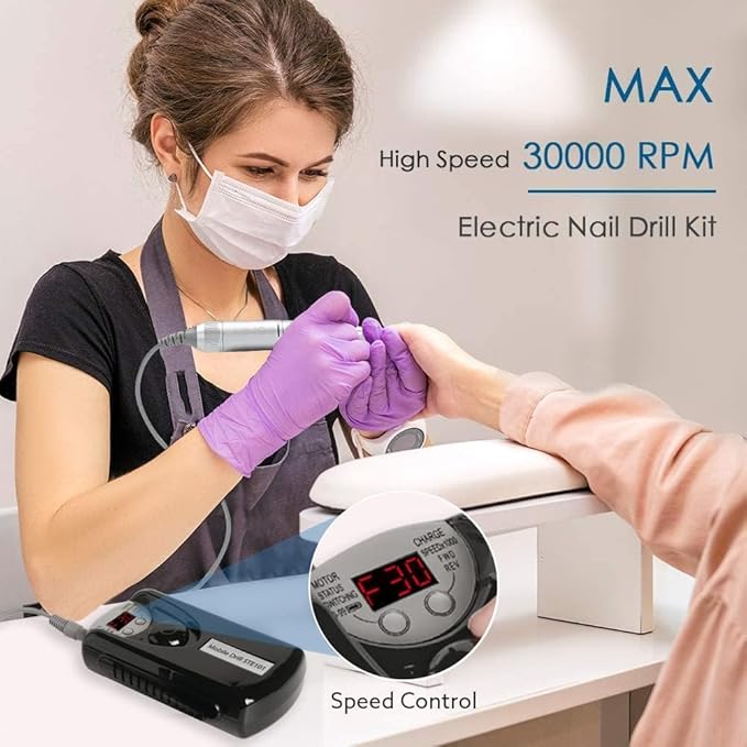 ANRLO Professional Electric Nail Drill, 45000 RPM Cordless Rechargeable E-File Machine, with 12 Bits, Sanding Bands, LCD Display for Acrylic Gel Nails (DMJ-101-Black-USB)