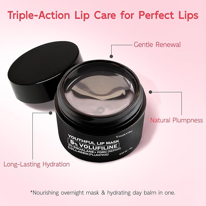 YouthVibe Lip Sleeping Mask Overnight Moisturizing – 5% Volufiline, Squalane, Shea Butter, PDRN & Collagen Hydrating Lip Mask Treatment for Lip Care, Dry & Flaky Lips