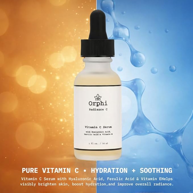 Orphi Radiance C Vitamin C Face Serum – Fragrance-Free Facial Serum with Hyaluronic Acid, Ferulic Acid & Vitamin E | Brightening & Anti-Aging Skincare for Women & Sensitive Skin | Made in USA