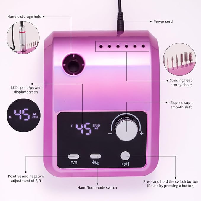 ANRLO Professional Electric Nail Drill, 45000 RPM Cordless Rechargeable E-File Machine, with 12 Bits, Sanding Bands, LCD Display for Acrylic Gel Nails (DMJ-204-Purple-US)