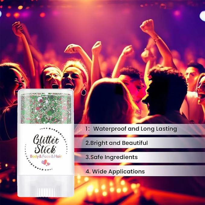 Christmas Body Glitter Stick, Shimmer Shine Sequins Neon Outfit Rave Festival Party Accessories Hair and Face Body Glitter Gel Makeup.(Red Green and White)