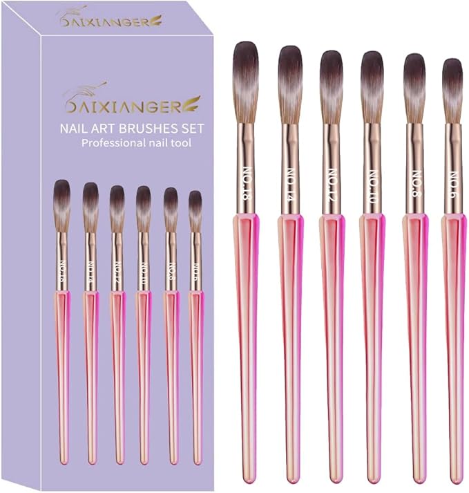 6Pcs Acrylic Nail Brush Set, Size 6/8/10/12/14/18 - Professional Nail Brushes for Acrylic Application Powder & Nail Extension, 3D Nail Carving Tools for DIY Home Salon Manicure-Pink