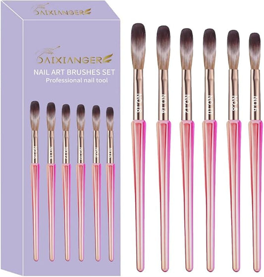 6Pcs Acrylic Nail Brush Set, Size 6/8/10/12/14/18 - Professional Nail Brushes for Acrylic Application Powder & Nail Extension, 3D Nail Carving Tools for DIY Home Salon Manicure-Pink