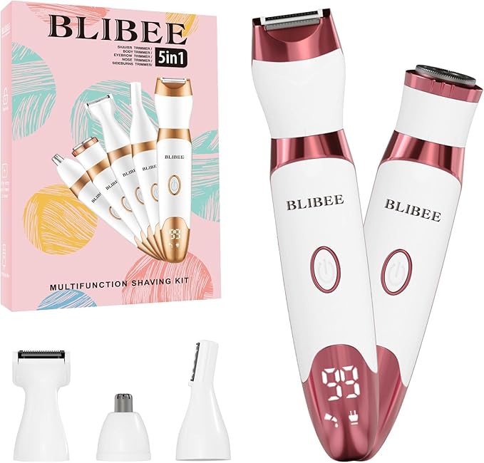 BLIBEE Bikini Trimmer for Women, LED Display Electric Razors for Women, 5-in-1 Electric Shaver, Rechargeable Painless Pubic Hair Trimmer for Legs, Underarms, Face & Sensitive Skin (Purple)