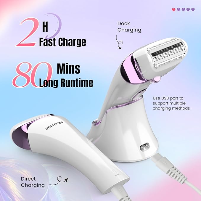 PRITECH Electric Razor for Women - Rechargeable Shaver for Women Portable Lady Shaver for Legs, Arm, Underarms, Bikini, USB Rechargeable, Wet & Dry Waterproof Bikini Trimmer for Woman, Purple