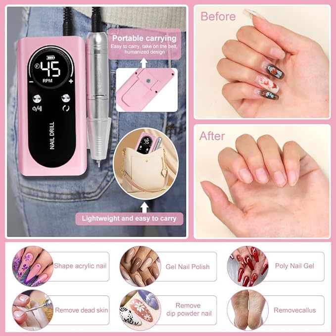 ANRLO Professional Electric Nail Drill, 45000 RPM Cordless Rechargeable E-File Machine, with 12 Bits, Sanding Bands, LCD Display for Acrylic Gel Nails (DMJ-V2-USB-PINK)