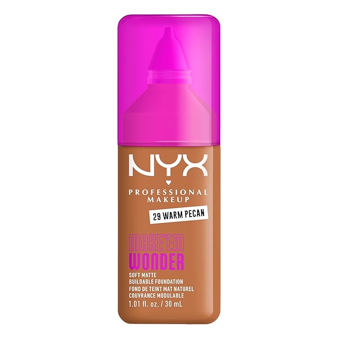 NYX PROFESSIONAL MAKEUP Make 'Em Wonder Liquid Foundation, 24HR Foundation Makeup With A Soft Matte Finish, Buildable Full Coverage - 29 Warm Pecan