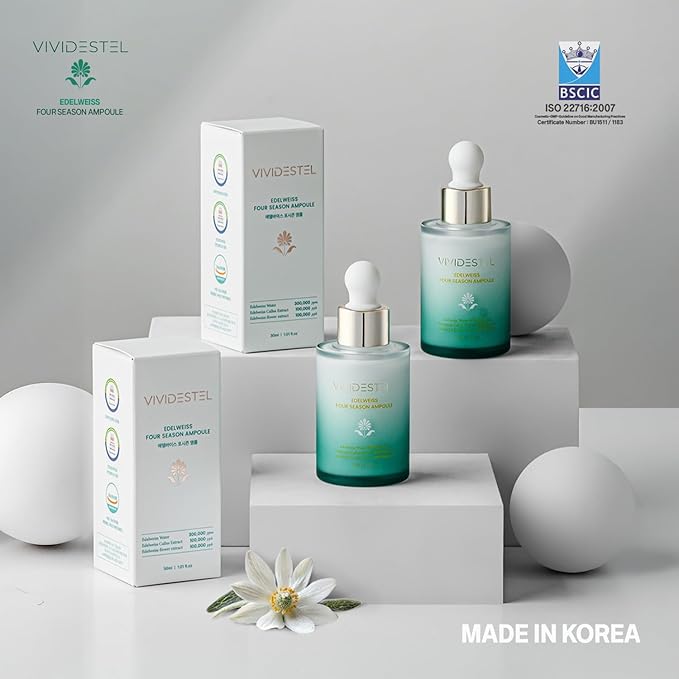 Edelweiss Four Season Ampoule - Brightening & Anti Aging Essence Serum - Lightweight Non-Sticky Hydration Serum With Niacinamide, Peptides - Reduces Fine Line - Minimize Pores 30ml