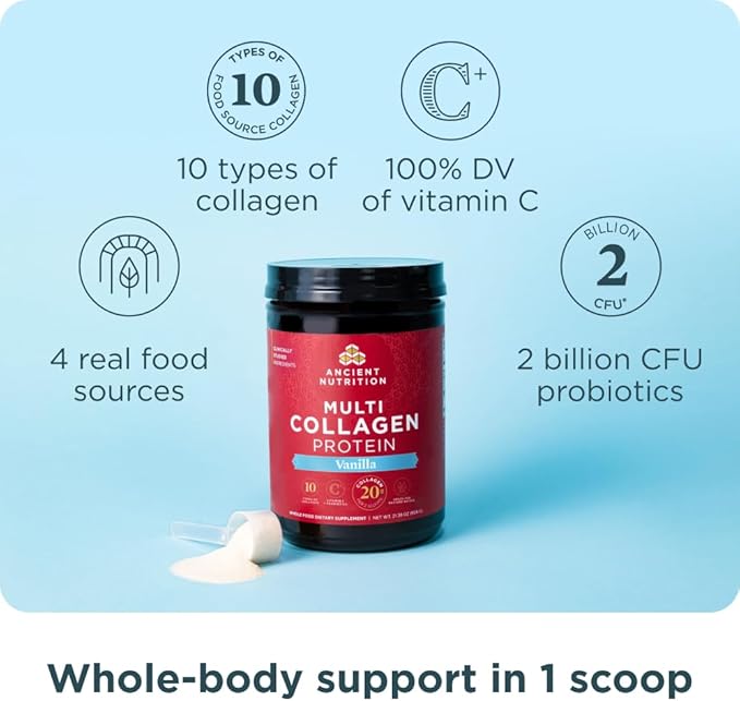 Ancient Nutrition Collagen Peptides Powder, Multi Collagen Protein, Women & Men, Vitamin C, Probiotics, Hydrolyzed Collagen, Supports Skin, Joints, Gut Health, Vanilla, 60 Servings