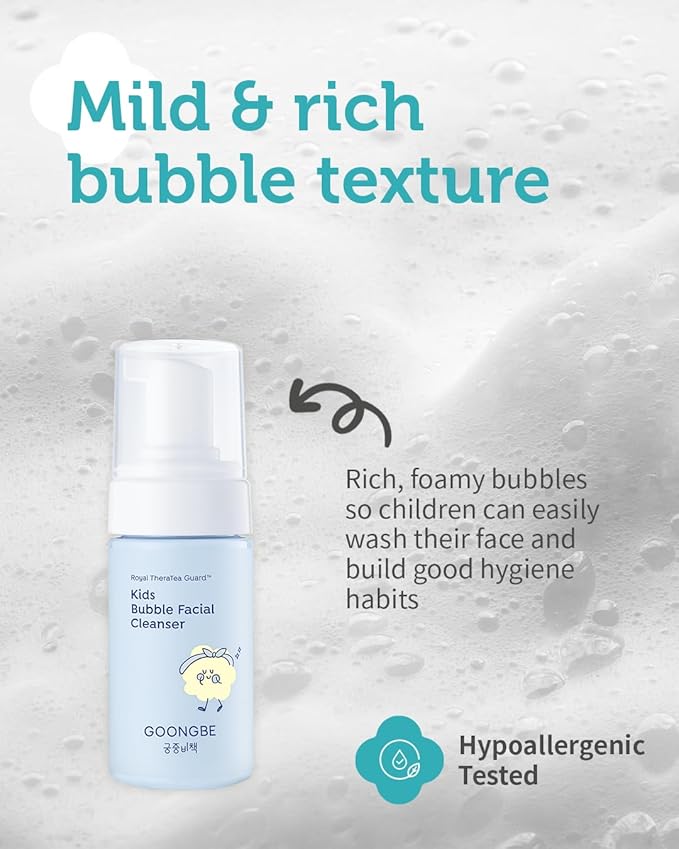 GOONGBE Kids' Bubble Facial Cleanser - Korean Kids Low pH Bubble Foam Face Wash - Gentle Cleansing & Hydrating with Panthenol and Amino Acids - Allergen Free Scent, 3.38 fl.oz.