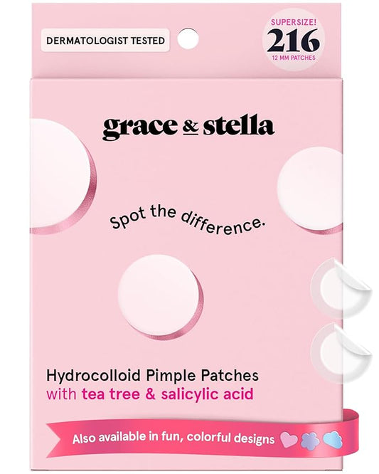 grace & stella Award Winning Pimple Patches for Face - Dermatologist Tested Acne Patches - Hydrocolloid Patch for Breakouts, Whiteheads - Vegan Acne Spot Treatment for Face (Invisible, 216 Count)