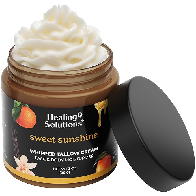 Healing Solutions - Whipped Tallow Balm, Mango, Orange, Vanilla Scent, Grass Fed/Grass Finished Beef Tallow, Organic Jojoba & Manuka Honey for Skin, Face & Body, All Natural Moisturizer, Made in USA