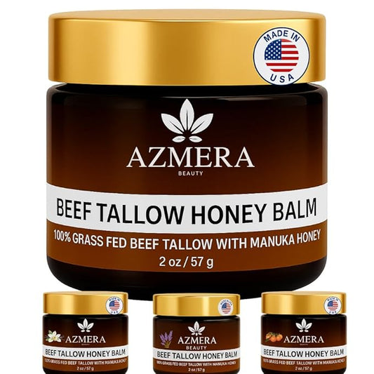 Azmera Beauty 100% Grass-Fed Beef Tallow Balm, Manuka Honey MGO 263+, Organic Beeswax & Olive Oil, Beef Tallow for skin,Handmade Moisturizer for Dry Skin, Eczema Relief, & Healing Skin(2oz)