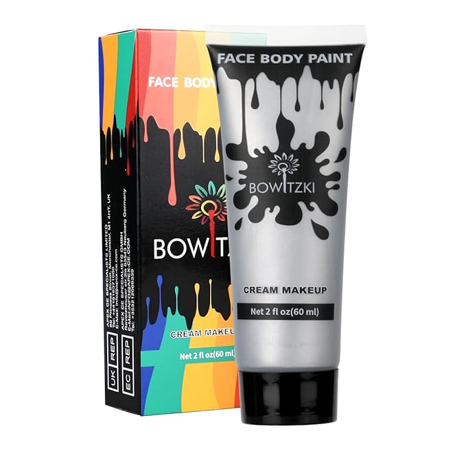Bowitzki Face and Body Paint 2oz Cream Makeup 60ml Water Based Face Painting Special Effects For Adults Children Kids Halloween Christmas Party Stage Cosplay (Silver)