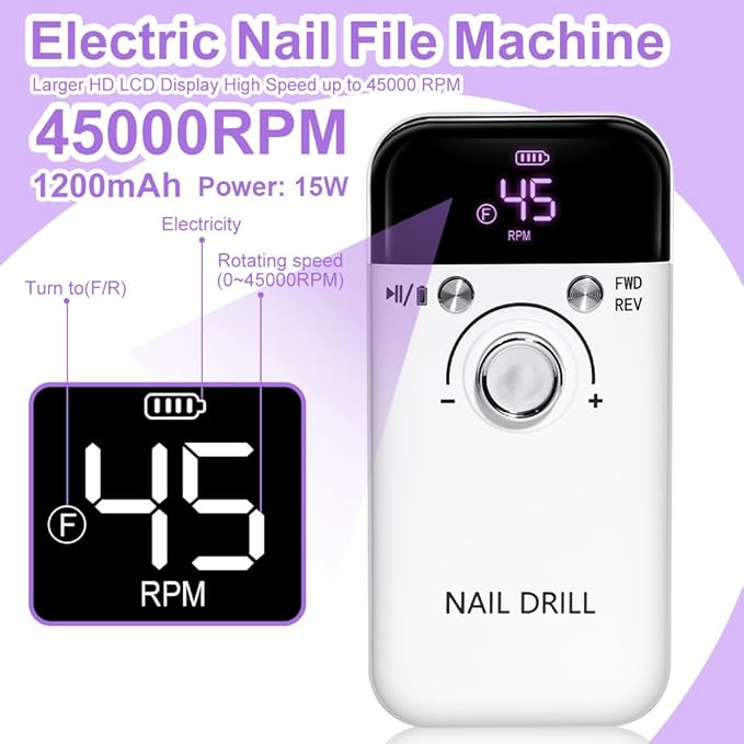 ANRLO Professional Electric Nail Drill, 45000 RPM Cordless Rechargeable E-File Machine, with 12 Bits, Sanding Bands, LCD Display for Acrylic Gel Nails (DMJ-V6-WHITE-USB)