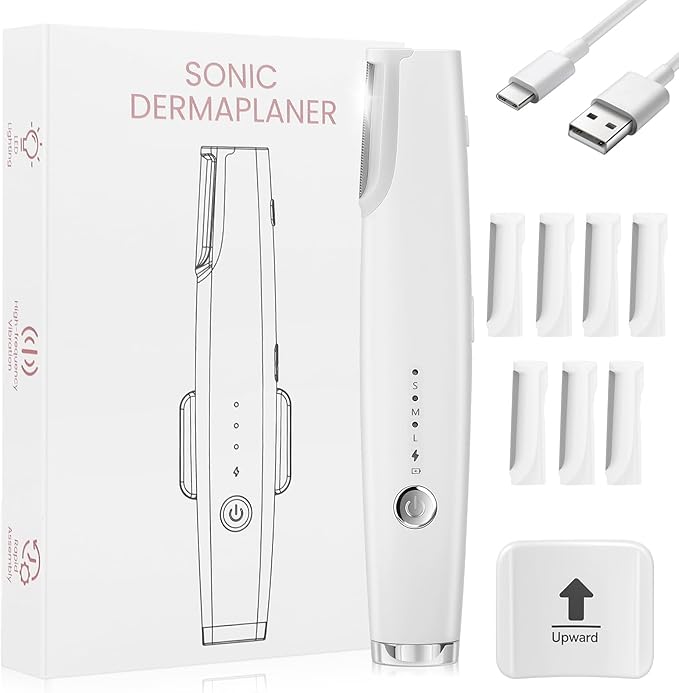 Dermaplane Razor for Women Face - Rechargeable 2-in-1 Electric Facial Razor & Eyebrow Trimmer with LED Light, Painless Peach Fuzz Hair Remover & Exfoliator, 3 Speeds, Includes 8 Blades (White)
