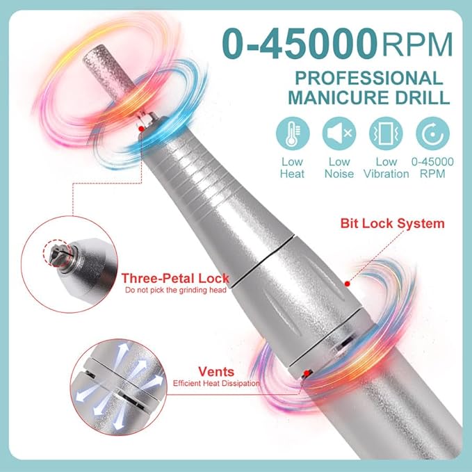 ANRLO Professional Electric Nail Drill, 45000 RPM Cordless Rechargeable E-File Machine, with 12 Bits, Sanding Bands, LCD Display for Acrylic Gel Nails (DMJ-V2-USB-White)