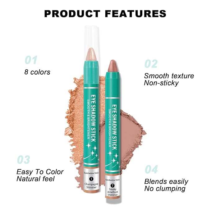 4Pcs Eyeshadow Stick, Eye Brightener Stick, Shimmer Creamy Eye Shadow Makeup, Waterproof Long Lasting Glitter Highlighter Eye Liner Pencil (4PCS B)